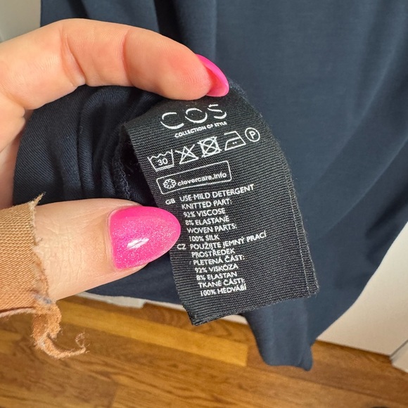 Cos Navy Mixed Media Silk 3/4 Sleeve Tunic Dress Minimalist Lagenlook Small - Picture 6 of 9